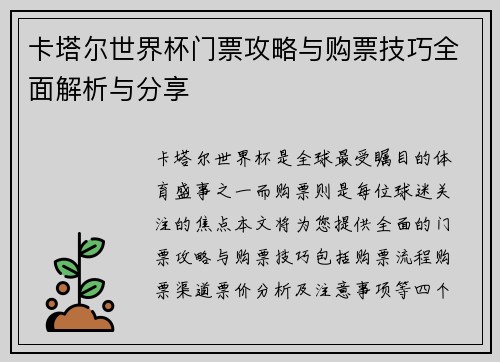 卡塔尔世界杯门票攻略与购票技巧全面解析与分享