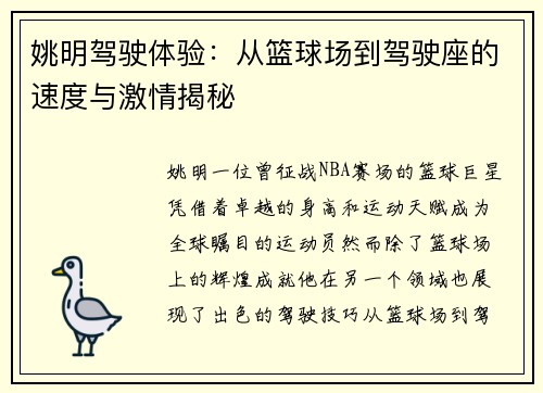 姚明驾驶体验：从篮球场到驾驶座的速度与激情揭秘